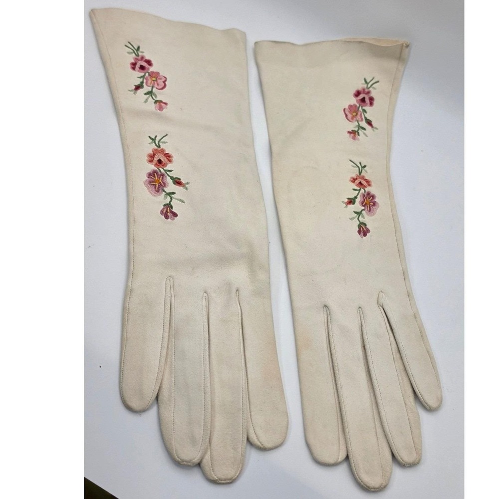 Vintage Cream Embroidered Leather Opera Gloves Floral Pink Size 6.75 Mid-Century
